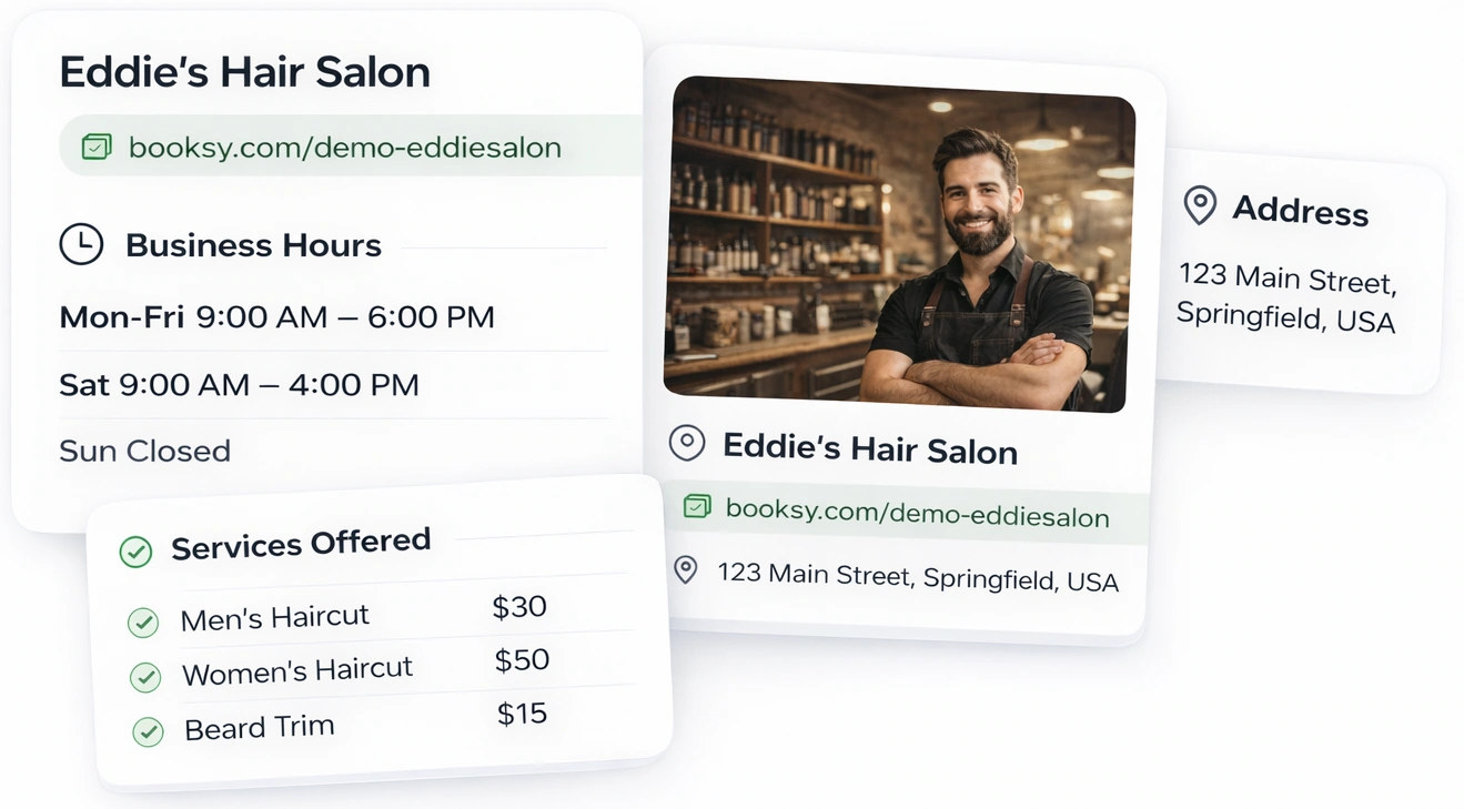 Booksy business profile information used by True Booker AI assistant